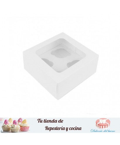 Caja 4 cupcakes blanca gruesa con ventana.