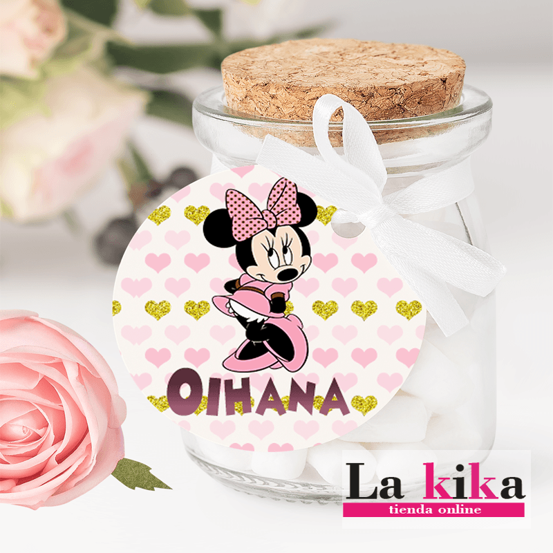 Etiquetas Redondas Cumpleaños Minnie Mouse Rosa y Dorado