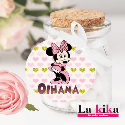 Etiquetas Redondas Cumpleaños Minnie Mouse Rosa y Dorado-La Kika Lugo