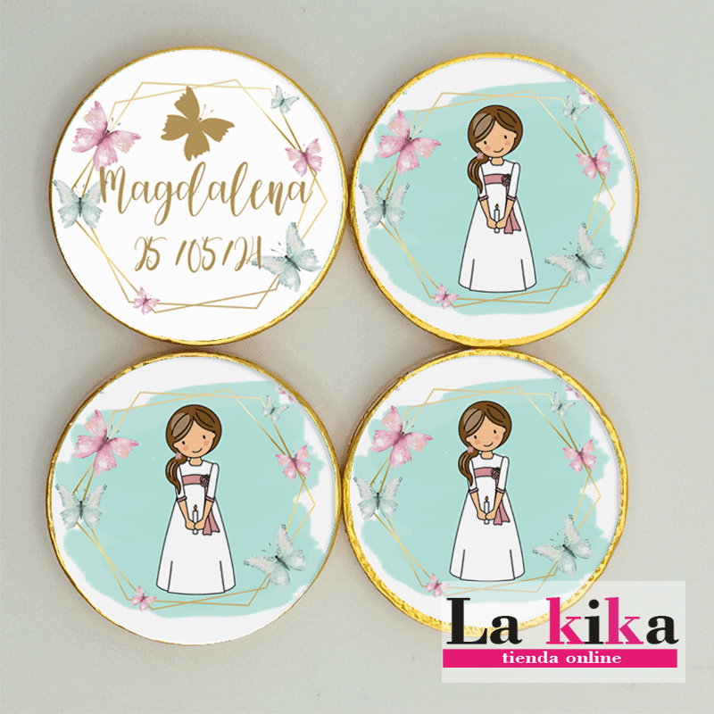 🍫 Monedas de Chocolate para Comunión Niña Rosa – Detalle Dulce Personalizado para Invitados 💖