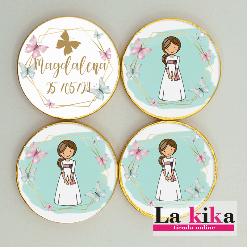 Monedas de Chocolate Personalizadas Comunión Niña Rosa