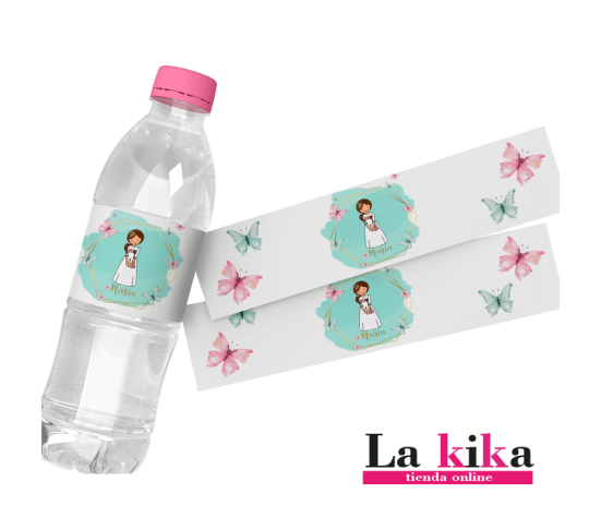 Pegatinas Personalizadas Para Botellas de Agua - Comunión Niña Rosa | Lakika.es