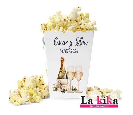 Caja Para Palomitas Personalizada | Diseño Copas y Botella de Champán | Lakika.es