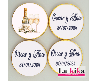 Monedas de Chocolate Personalizadas para Boda | Diseño de Copas y Botella de Champán