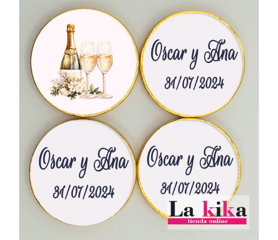 Monedas de Chocolate Personalizadas para Boda | Diseño de Copas y Botella de Champán - LaKika.es