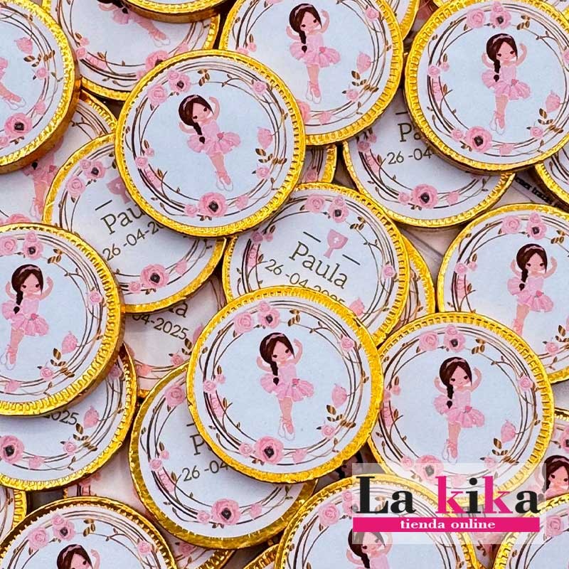 Monedas de Chocolate Personalizadas Comunión – Modelo Bailarina (Pack de 3)