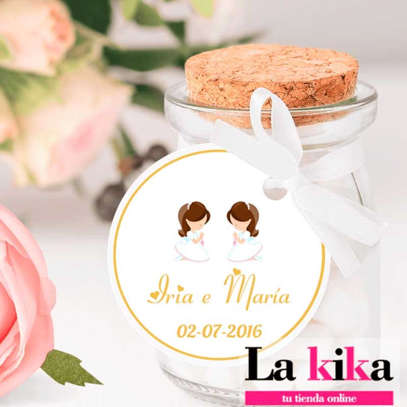 🎀 Etiquetas Personalizadas Comunión – Modelo Iria e María 💒 | Pack de 15 unidades