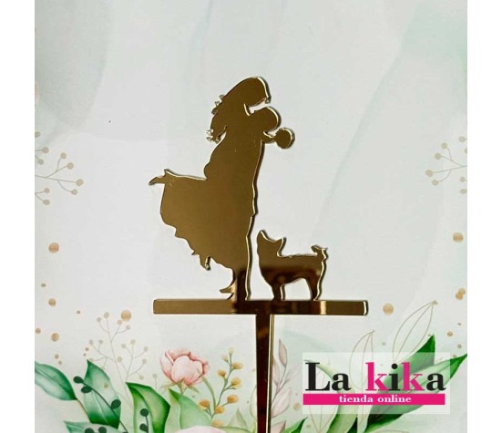 Caketopper Novios con Perrito Acrílico Oro Espejo 15 cm | Lakika
