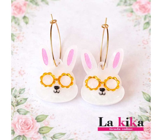 Pendientes Conejito Acrílico 🐰✨ Gafas Doradas y Aro Acero