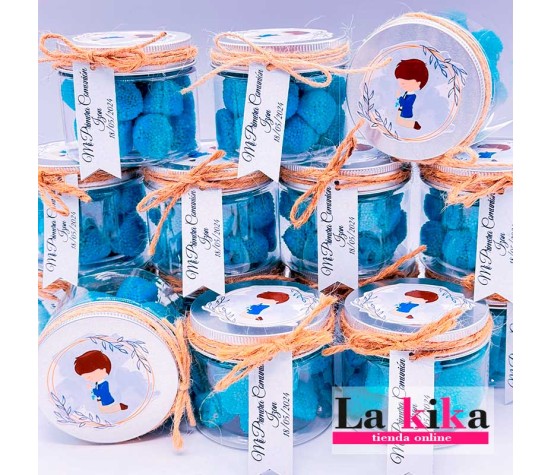 bote de chuches personalizado comunion niño modelo teo con nombre y fecha detalle dulce para invitados