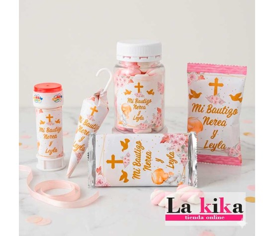 pack bautizo personalizado con bote chuches chocolatina nestle pompero gusanitos y paraguas chocolate