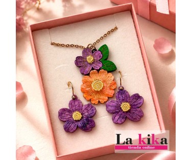 Conjunto Pendientes y Collar Flor Lila 🌸 Acero Inoxidable con Caja