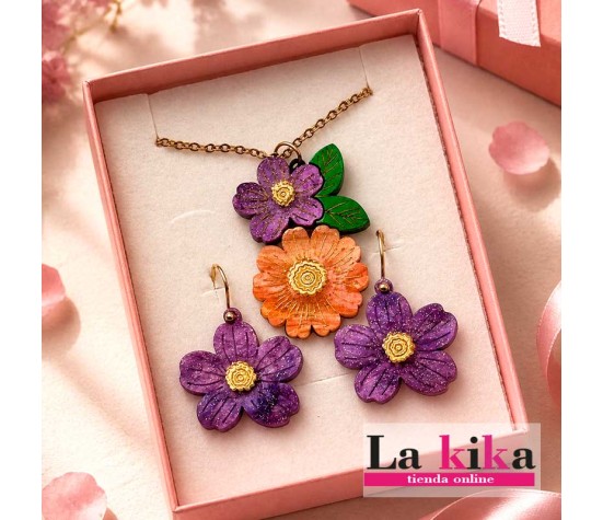 Conjunto Pendientes y Collar Flor Lila 🌸 Acero Inoxidable con Caja