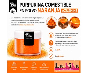 🧡 Purpurina Comestible Naranja Azushine 5 g | Brillo para Tartas y Repostería