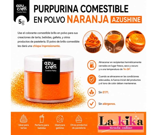🧡 Purpurina Comestible Naranja Azushine 5 g | Brillo para Tartas y Repostería