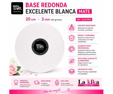 Base redonda blanca mate Excellent Azucren de 20 cm y 3 mm para presentación de tartas y repostería profesional