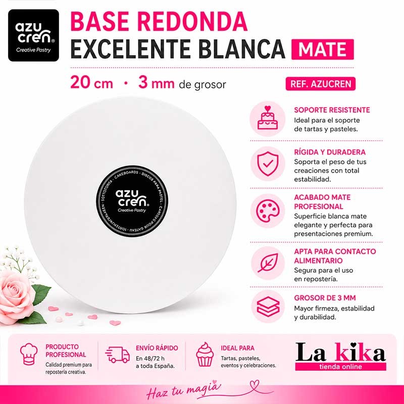 🍰 Base Redonda Blanca Mate Excellent 20 cm x 3 mm Azucren