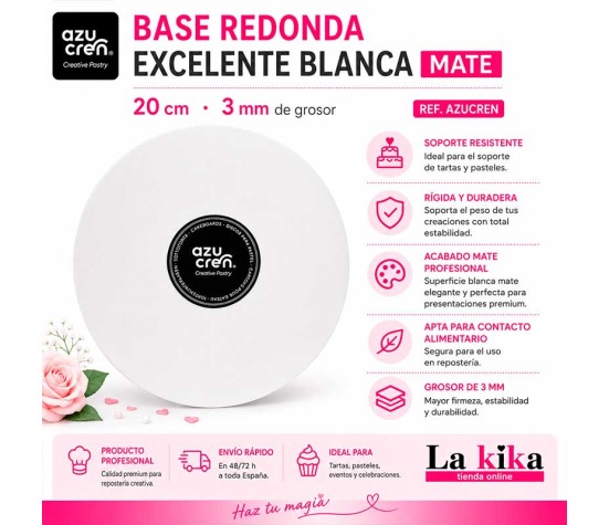 Base redonda blanca mate Excellent Azucren de 20 cm y 3 mm para presentación de tartas y repostería profesional