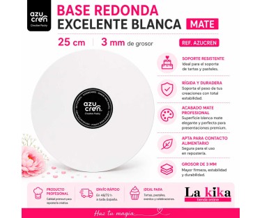Base redonda blanca mate Excellent Azucren de 25 cm y 3 mm para tartas y repostería profesional