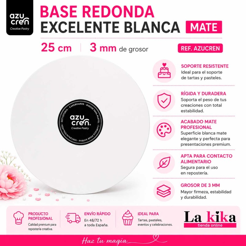 🍰 Base Redonda Blanca Mate Excellent 25 cm x 3 mm Azucren 🍰 Base Redonda Blanca Mate Excellent 25 cm x 3 mm Azucren