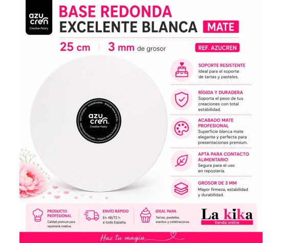 Base redonda blanca mate Excellent Azucren de 25 cm y 3 mm para tartas y repostería profesional